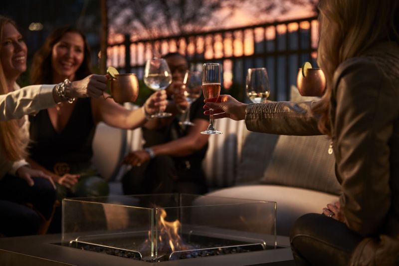 Group of people sitting around the lounge area toasting their drinks